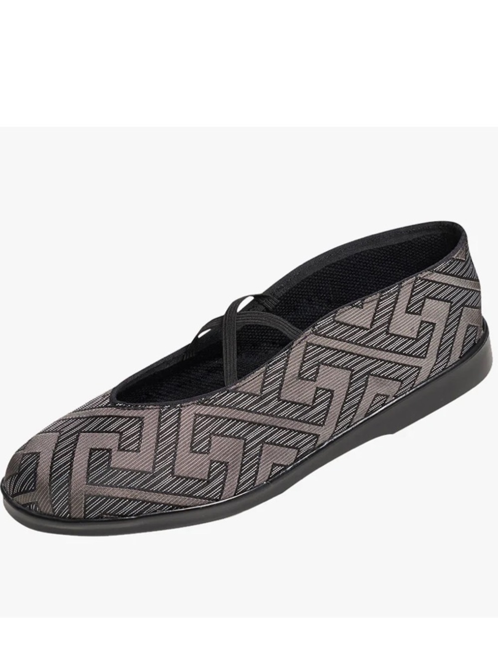 Gray and Black Tuxedo Geometric Ballet Flats with Elastic Cross Strap- 6.5
